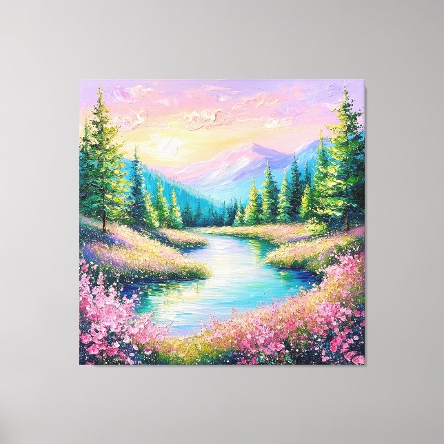 Sunset Over a Serene Stream and Trees Canvas Print (Front)