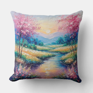 Sunset Over a Serene Stream Throw Pillow
