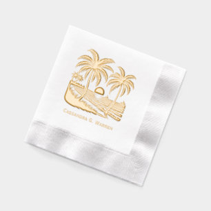 Sunset Over Beach, Palm Trees With Name Foil Napkins