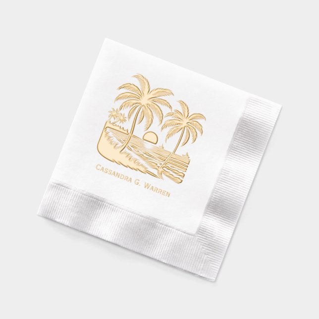 Sunset Over Beach, Palm Trees With Name Foil Napkins (Left)
