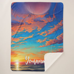 Sunset over beautiful clear blue ocean water sherpa blanket
