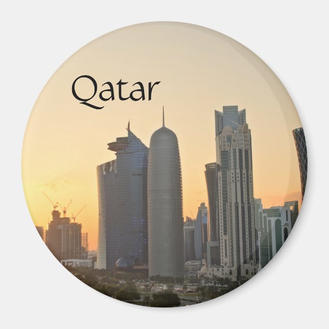 Sunset over Doha, Qatar magnet with text (Front)