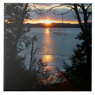 Sunset Over Forest Lake Ceramic Tile