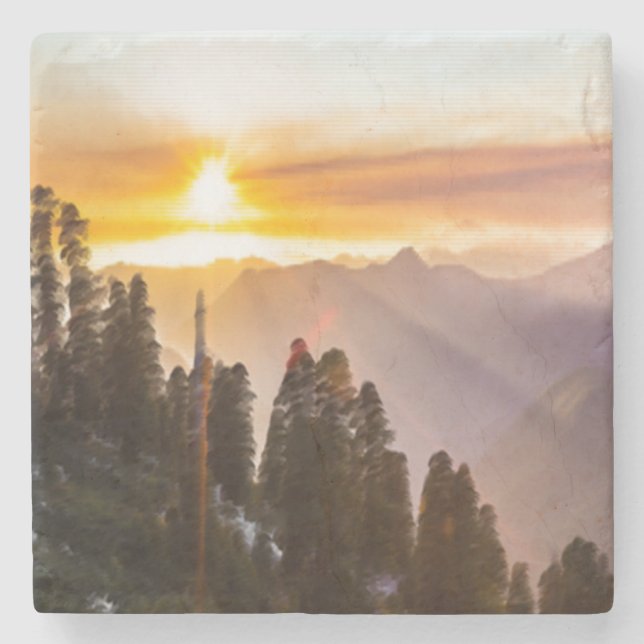 Sunset over forest photo stone coaster (Front)