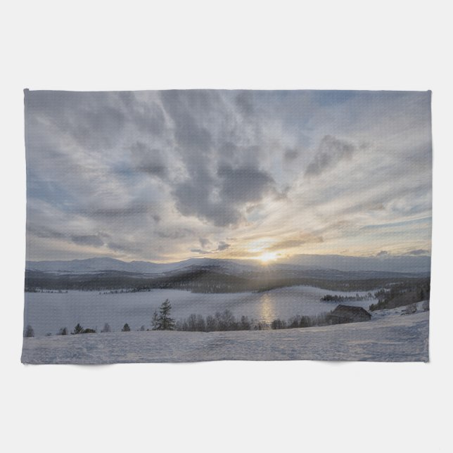 Sunset over frozen lake kitchen towel (Horizontal)