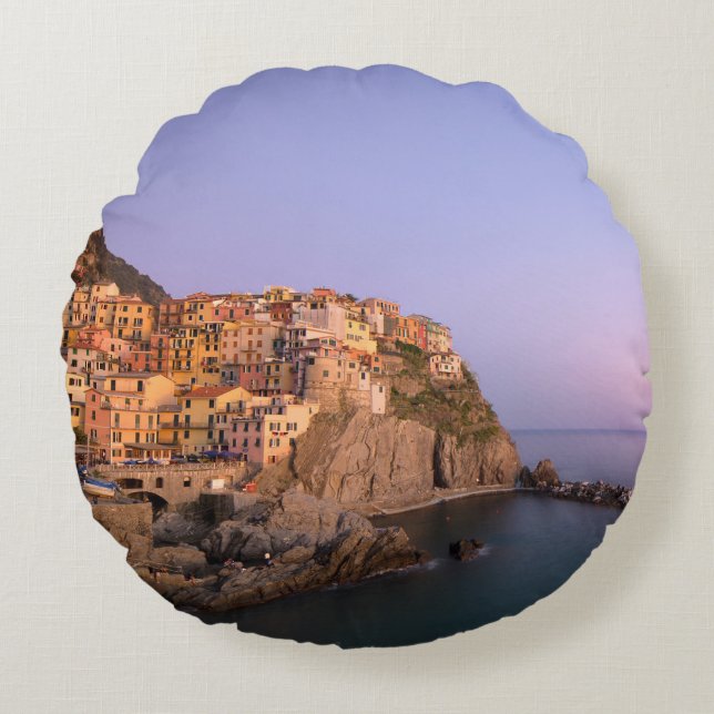Sunset over Manarola village in Cinque Terre Round Pillow (Front)