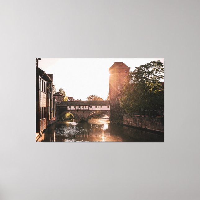 Sunset over medieval bridge in Nuremberg, Germany Canvas Print (Front)