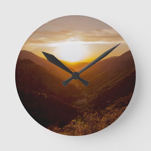 Sunset Over Mountains Landscape Round Clock (Front)