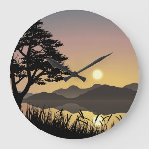 Sunset over mountains large clock