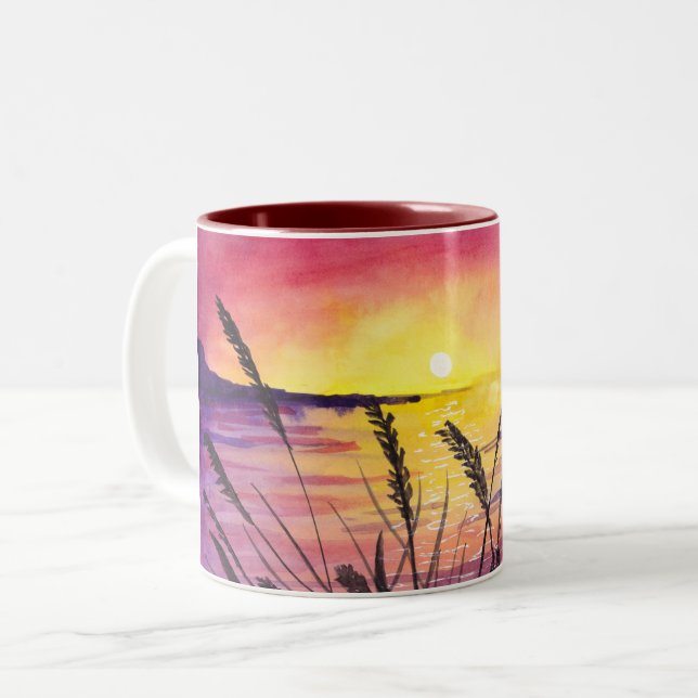 sunset over ocean watercolour Two-Tone coffee mug (Front Left)
