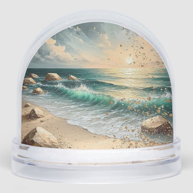 Sunset Over Ocean Waves and Rocky Shoreline Snowglobe (Front)