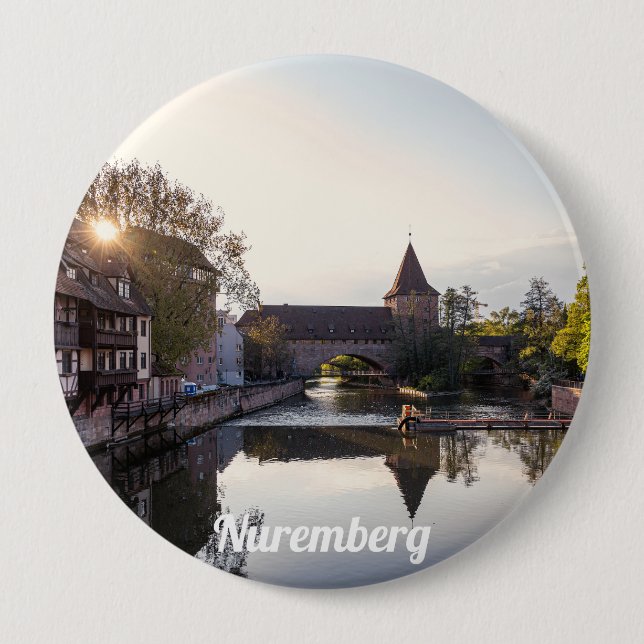 Sunset over old medieval bridge in Nuremberg 4 Inch Round Button (Front)