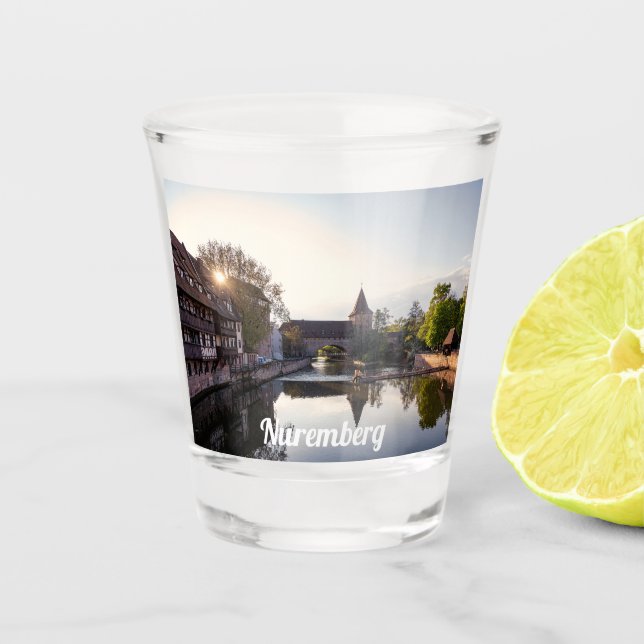 Sunset over old medieval bridge in Nuremberg Shot Glass (Front)