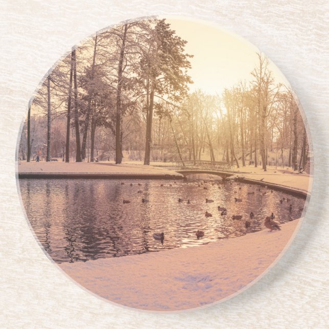 Sunset over park with small frosty lake coaster (Front)