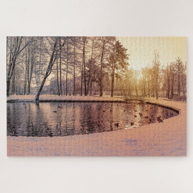 Sunset over park with small frosty lake jigsaw puzzle (Horizontal)