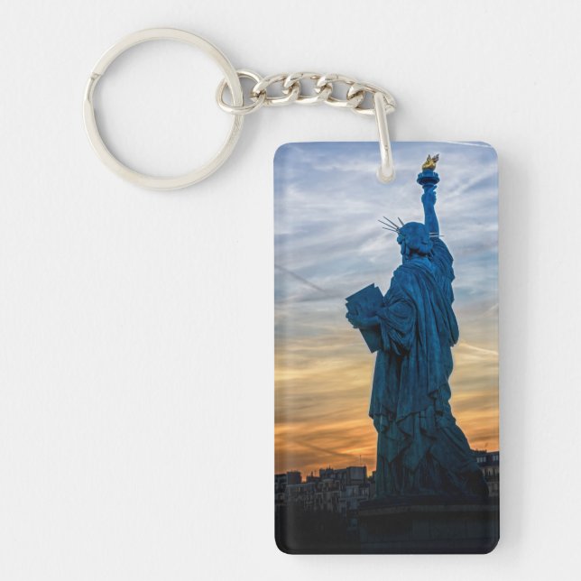 Sunset over Replica of the Liberty Statue in Paris Keychain (Front)