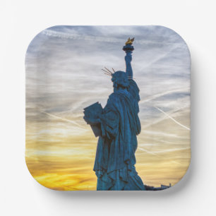 Sunset over Replica of the Liberty Statue in Paris Paper Plate