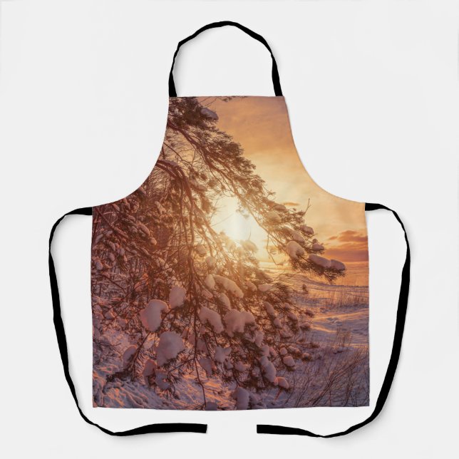 Sunset over sea and snowy pine tree apron (Front)