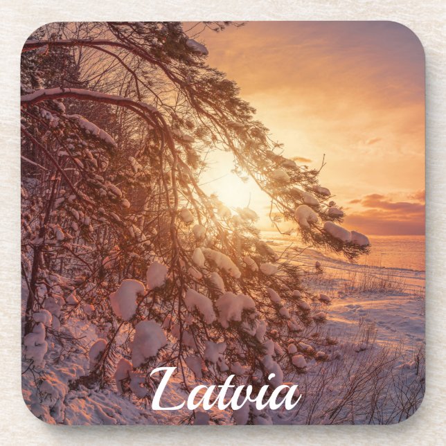 Sunset over sea and snowy pine tree coaster (Front)