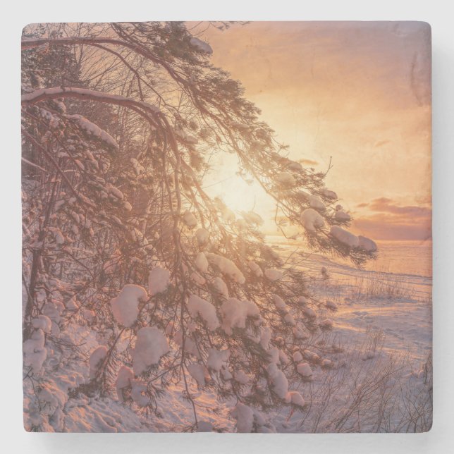 Sunset over sea and snowy pine tree stone coaster (Front)