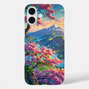 Sunset Over Snow Capped Mountain and Blossoming iPhone 16 Plus Case
