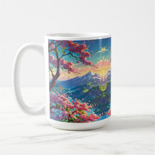 Sunset Over Snow Capped Mountain and Blossoming Coffee Mug