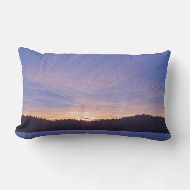Sunset over Snow-covered Winter Lake & Trees Lumbar Pillow (Front)