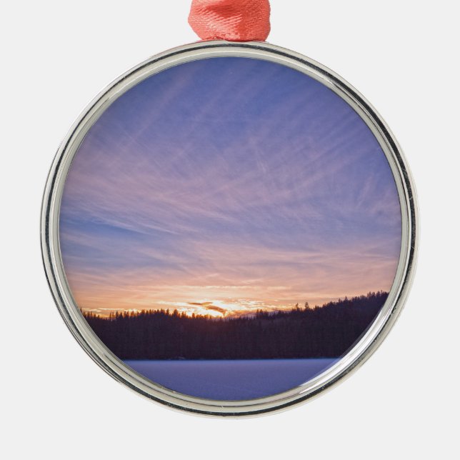 Sunset over Snow-covered Winter Lake & Trees Metal Ornament (Front)