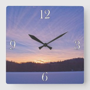 Sunset over Snow-covered Winter Lake & Trees Square Wall Clock