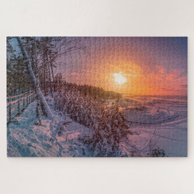 Sunset over snow sea coast jigsaw puzzle (Horizontal)