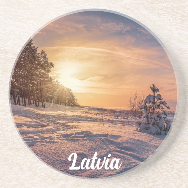 Sunset over snowy winter sea coast coaster (Front)