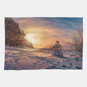 Sunset over snowy winter sea coast kitchen towel