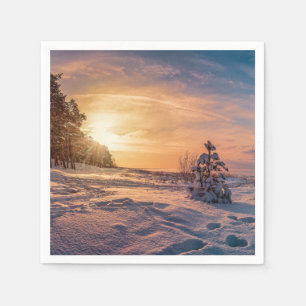 Sunset over snowy winter sea coast napkin