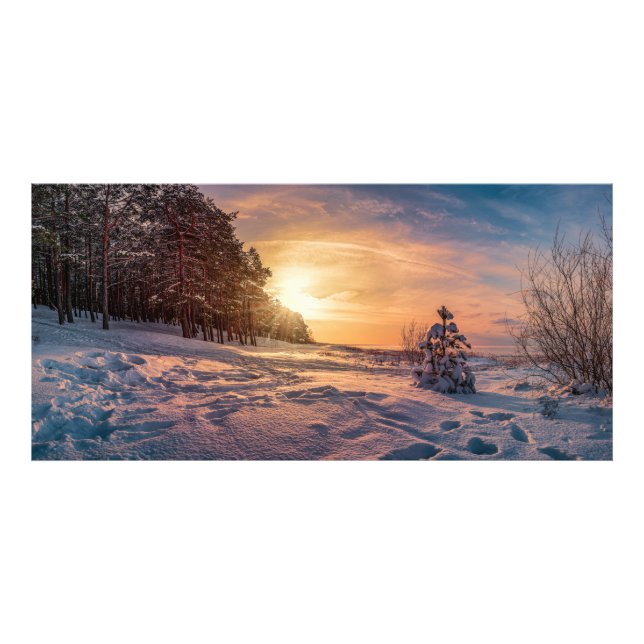 Sunset over snowy winter sea coast photo print (Front)