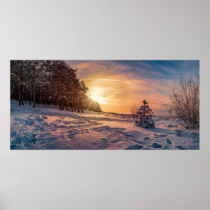 Sunset over snowy winter sea coast poster