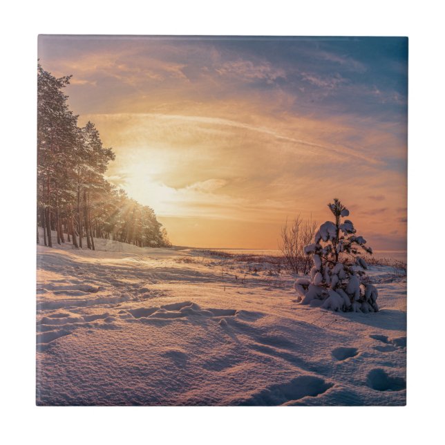 Sunset over snowy winter sea coast tile (Front)