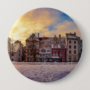 Sunset over street in Riga 4 Inch Round Button