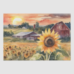 Sunset Over Sunflower Fields watercolor Decoupage  Tissue Paper
