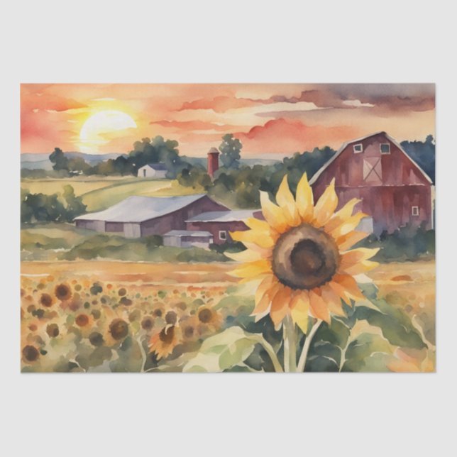 Sunset Over Sunflower Fields watercolor Decoupage  Tissue Paper (Front)