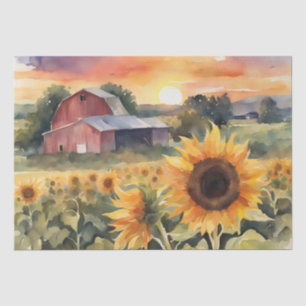Sunset Over Sunflower Fields watercolor Decoupage  Tissue Paper