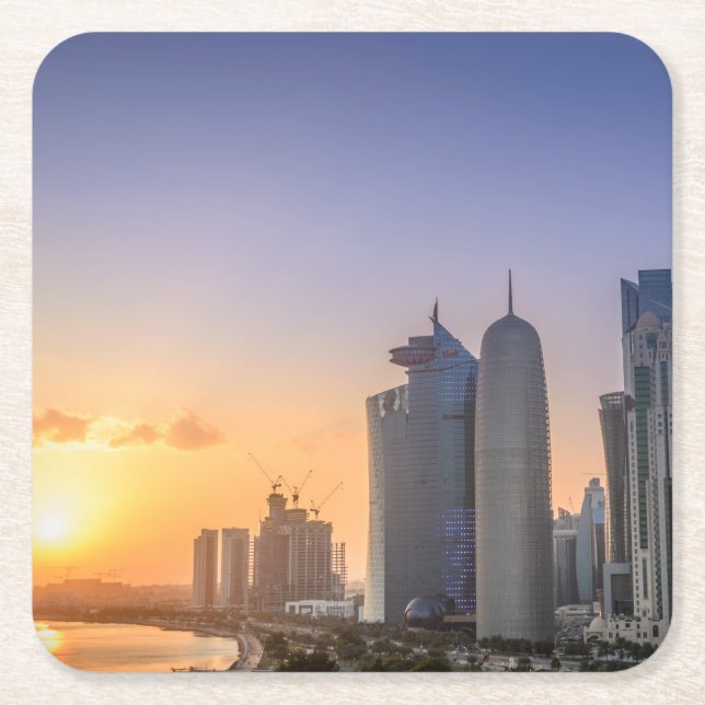 Sunset over the city of Doha, Qatar Square Paper Coaster (Front)