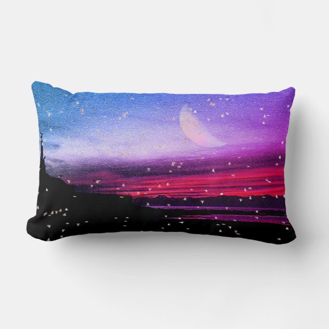 Sunset over the sea and birds in Aberystwyth Lumbar Pillow (Front)