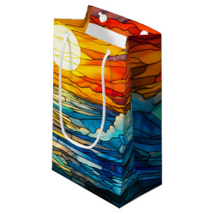 Sunset over the storming ocean, stained glass small gift bag