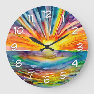 Sunset over  the Water Reflection   Watercolor Art Large Clock