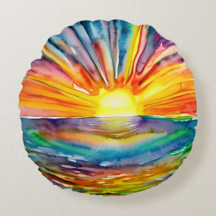 Sunset over  the Water Reflection   Watercolor Art Round Pillow