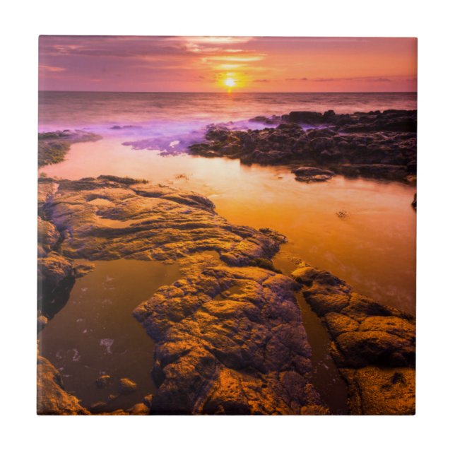 Sunset over tide pools, Hawaii Tile (Front)