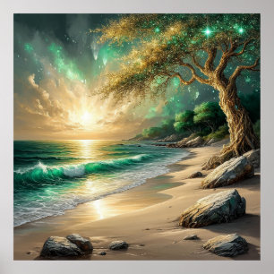 Sunset Over Tranquil Beach with Mystical Tree Poster