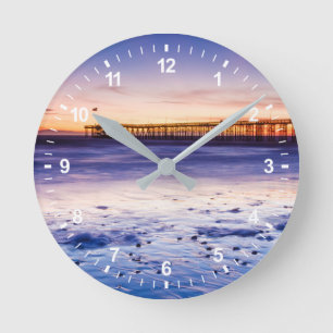 Sunset Over Ventura Pier And Beach Round Clock