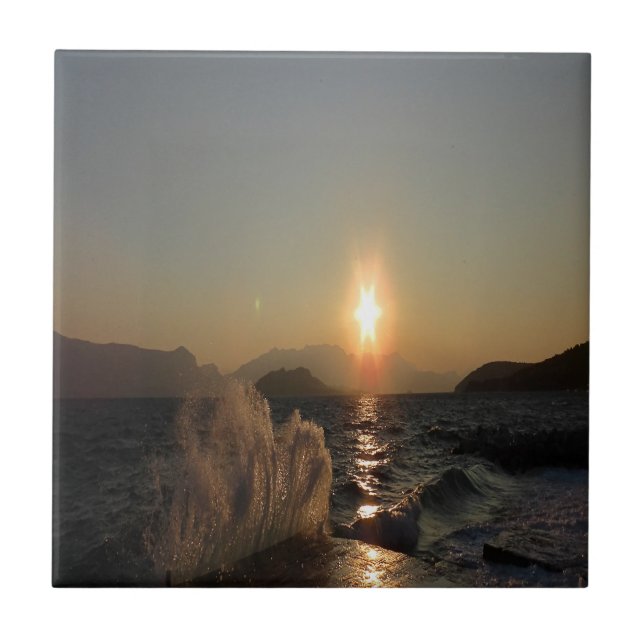 Sunset Over Waves in Croatia Coastline Tile (Front)
