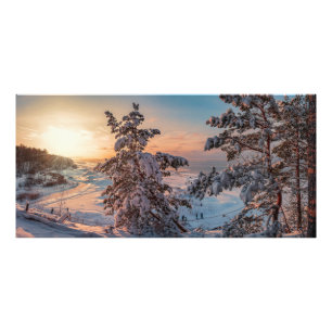 Sunset over winter snowy sea coast photo print